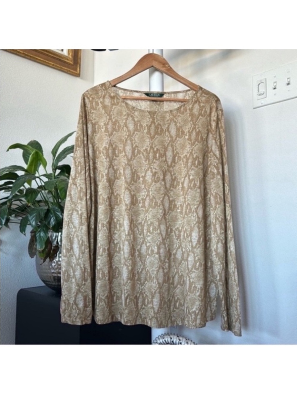 Lauren Ralph Lauren Plus Linen Snake Print Top/Shirt/Blouse Sz 3X Tan Ivory